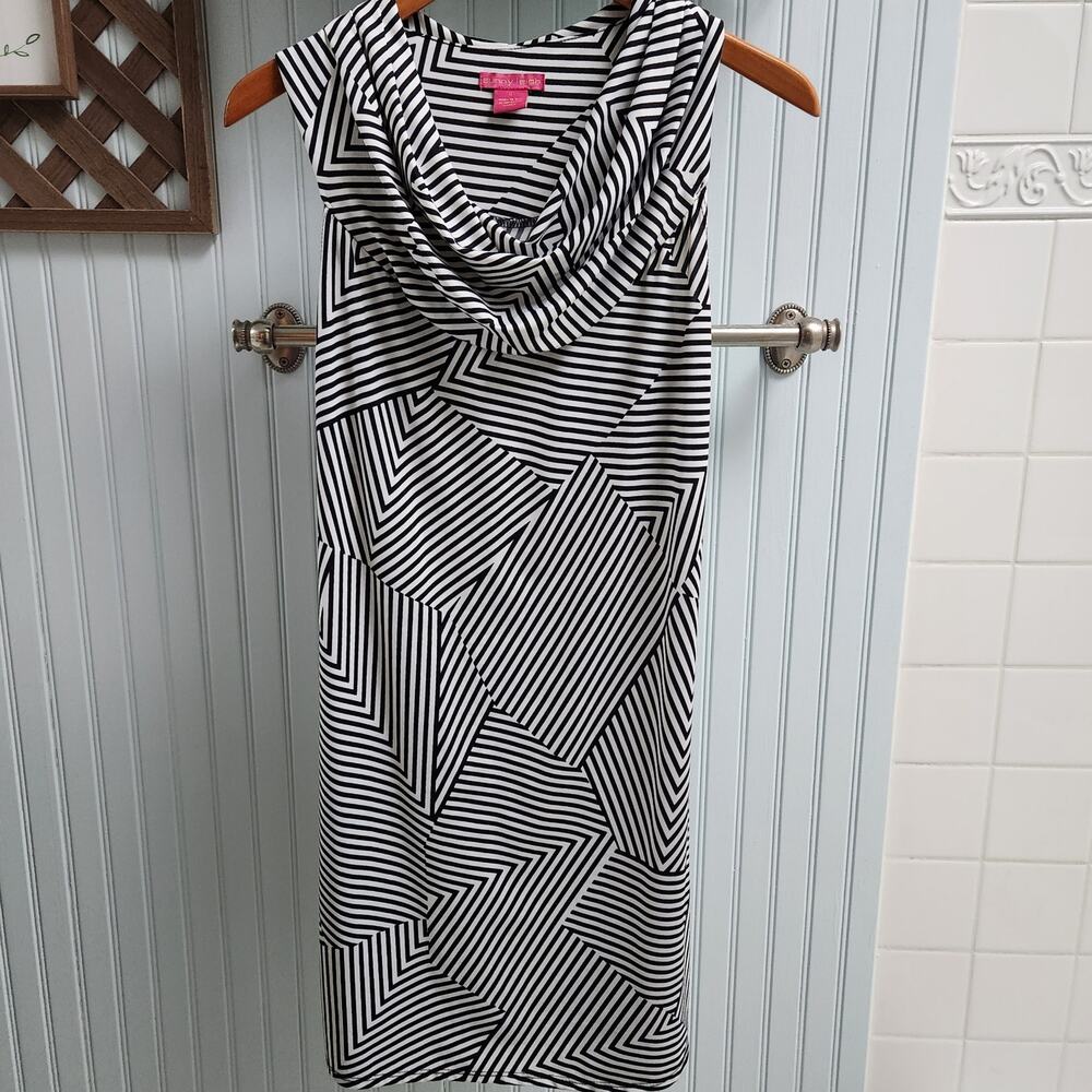 Sunny Leigh Black and White Stripe Sleeveless Cowl Scoop Neck Dress
